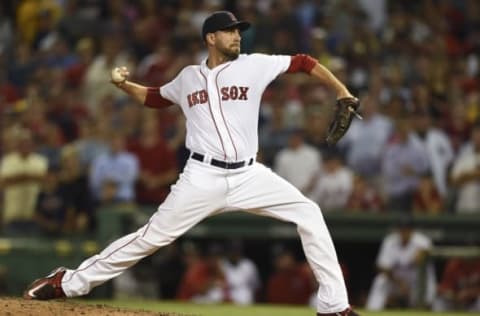 Aug 9, 2016; Boston, MA, USA; Boston Red Sox relief pitcher Matt Barnes (68) pitches during the ninth inning against the New York Yankees at Fenway Park. Mandatory Credit: Bob DeChiara-USA TODAY Sports