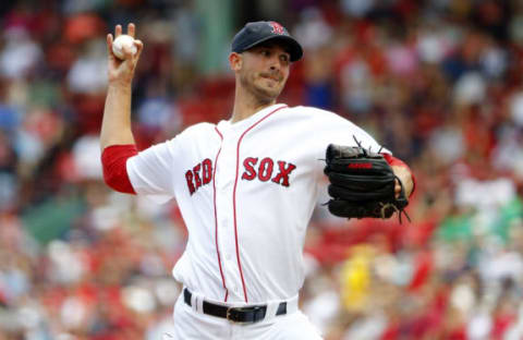 Aug 14, 2016; Boston, MA, USA; Boston Red Sox starting pitcher Rick Porcello (22) delivers against the Arizona Diamondbacks during the first inning at Fenway Park. Mandatory Credit: Winslow Townson-USA TODAY Sports