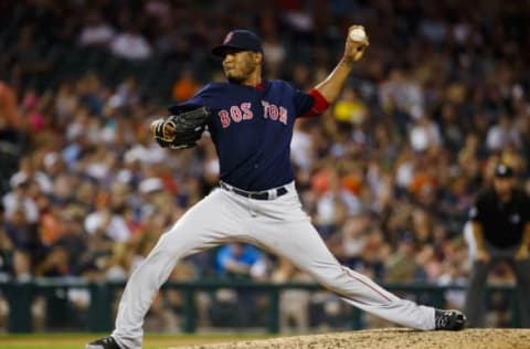 Aug 19, 2016; Detroit, MI, USA; Boston Red Sox relief pitcher Fernando Abad (58) pitches in the ninth inning against the Detroit Tigers at Comerica Park. Boston won 10-2. Mandatory Credit: Rick Osentoski-USA TODAY Sports