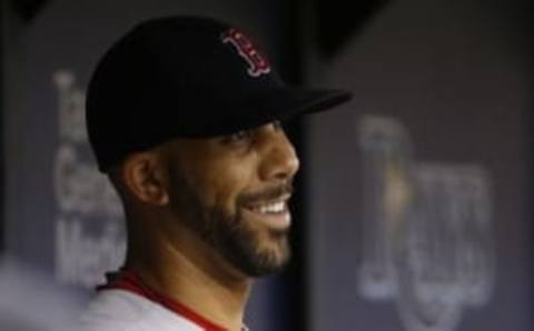 Aug 22, 2016; St. Petersburg, FL, USA; Boston Red Sox starting pitcher David Price (24) smiles in the dugout at the end of the eighth inning at Tropicana Field. Mandatory Credit: Kim Klement-USA TODAY Sports