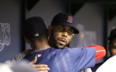 Aug 22, 2016; St. Petersburg, FL, USA; Boston Red Sox starting pitcher David Price (24) is congratulated by pitcher Clay Buchholz (11) at Tropicana Field. Mandatory Credit: Kim Klement-USA TODAY Sports