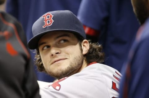 Aug 23, 2016; St. Petersburg, FL, USA; Boston Red Sox left fielder Andrew Benintendi (40) looks on from the bench before the game against the Tampa Bay Rays at Tropicana Field. Mandatory Credit: Kim Klement-USA TODAY Sports