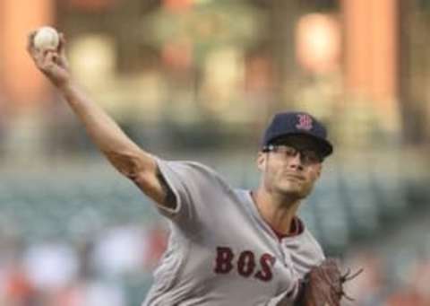 Jun 1, 2016; Baltimore, MD, USA; Boston Red Sox starting pitcher Joe Kelly (56) pitches at Oriole Park at Camden Yards. Mandatory Credit: Tommy Gilligan-USA TODAY Sports