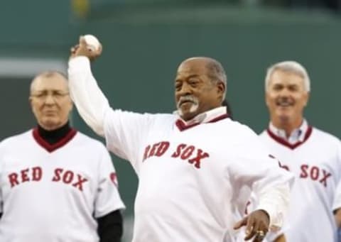 May 5, 2015; Boston, MA, USA; Boston Red Sox hall of famer Luis Tiant throws out the first pitch as part of the pregame ceremony before the game between the Tampa Bay Rays and the Boston Red Sox at Fenway Park. Mandatory Credit: Greg M. Cooper-USA TODAY Sports