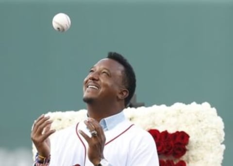 Jul 29, 2015; Boston, MA, USA; Hall of Fame player Pedro Martinez flips a ball into the air during his number retirement ceremony performed in Spanish before the game between the Chicago White Sox and the Boston Red Sox at Fenway Park. Mandatory Credit: Greg M. Cooper-USA TODAY Sports