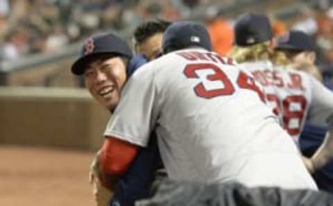 Aug 16, 2016; Baltimore, MD, USA; Boston Red Sox designated hitter David Ortiz (34) wrestles with relief pitcher Koji Uehara (19) at Oriole Park at Camden Yards. Boston Red Sox defeated Baltimore Orioles 5-3. Mandatory Credit: Tommy Gilligan-USA TODAY Sports