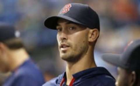 Aug 22, 2016; St. Petersburg, FL, USA; Boston Red Sox pitcher Rick Porcello (22) looks on from the dugout during the fifth inning against the Tampa Bay Rays at Tropicana Field. Mandatory Credit: Kim Klement-USA TODAY Sports