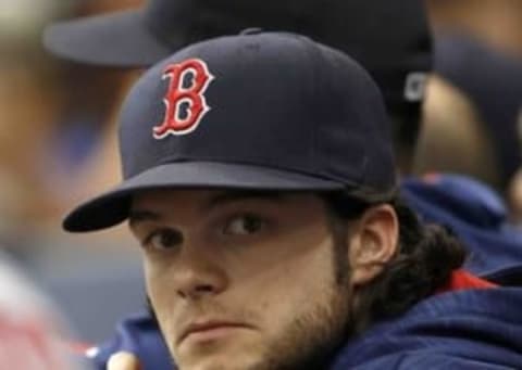 Aug 25, 2016; St. Petersburg, FL, USA; Boston Red Sox left fielder Andrew Benintendi (40) looks on from the dugout at Tropicana Field. Mandatory Credit: Kim Klement-USA TODAY Sports