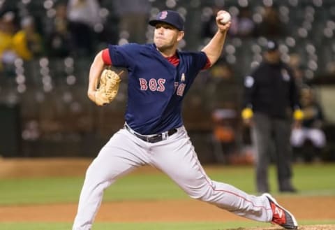 Sep 2, 2016; Oakland, CA, USA; Boston Red Sox relief pitcher Robby Scott (72) pitches the ball against the Oakland Athletics during the ninth inning at Oakland Coliseum. The Red Sox won 16-2. Mandatory Credit: Kelley L Cox-USA TODAY Sports