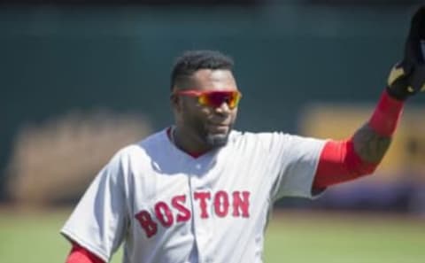 Sep 4, 2016; Oakland, CA, USA; Boston Red Sox designated hitter David Ortiz (34) waives to the crowd as he enters the dugout before the start of the game against the Oakland Athletics at Oakland Coliseum. Mandatory Credit: Neville E. Guard-USA TODAY Sports