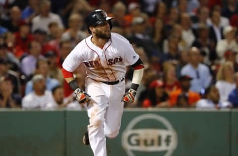 Sep 13, 2016; Boston, MA, USA; Boston Red Sox second baseman Dustin Pedroia (15) watches a single against the Baltimore Orioles during the seventh inning at Fenway Park. Mandatory Credit: Winslow Townson-USA TODAY Sports