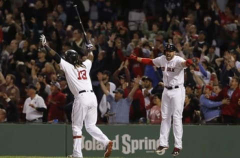 Sep 15, 2016; Boston, MA, USA; Boston Red Sox first baseman Hanley Ramirez (13) reacts after hitting a three run home run to win the game against the New York Yankees in the ninth inning at Fenway Park. The Red Sox defeated the Yankees 7-5. Mandatory Credit: David Butler II-USA TODAY Sports