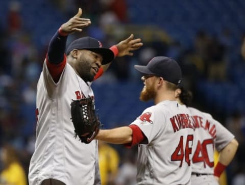 Sep 24, 2016; St. Petersburg, FL, USA; Boston Red Sox designated hitter David Ortiz (34) congratulates with relief pitcher Craig Kimbrel (46) after he got the save in a win over the Tampa Bay Rays at Tropicana Field. Boston Red Sox defeated the Tampa Bay Rays 6-4. Mandatory Credit: Kim Klement-USA TODAY Sports