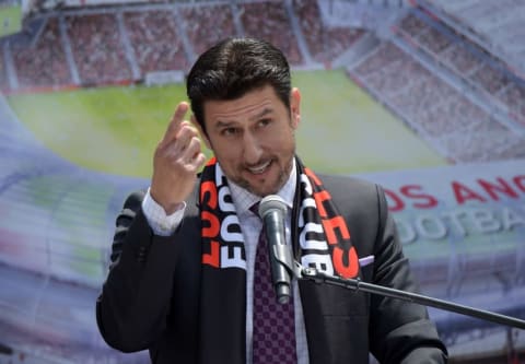 May 18, 2015; Los Angeles, CA, USA; Los Angeles Football Club owner Nomar Garciaparra speaks at a press conference at Exposition Park to announce the intent to build a 22,000 soccer stadium at the site of the Los Angeles Memorial Sports Arena. Mandatory Credit: Kirby Lee-USA TODAY Sports