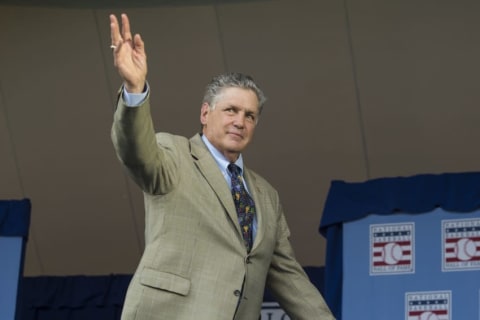 Jul 26, 2015; Cooperstown, NY, USA; Hall of Famer Tom Seaver waves to the crowd after being introduced during the Hall of Fame Induction Ceremonies at Clark Sports Center. Mandatory Credit: Gregory J. Fisher-USA TODAY Sports