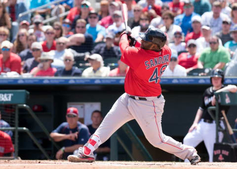 Mar 22, 2016; Jupiter, FL, USA; Boston Red Sox third baseman Pablo Sandoval (48) at bat against the Miami Marlins during a spring training game at Roger Dean Stadium. Mandatory Credit: Steve Mitchell-USA TODAY Sports