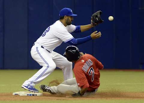 Apr 2, 2016; Montreal, Quebec, CAN; Boston Red Sox infielder Mauricio Dubon (7) is tagged out at second base by Toronto Blue Jays infielder Jio Mier (58) during the seventh inning at Olympic Stadium. Mandatory Credit: Eric Bolte-USA TODAY Sports