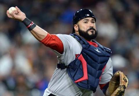 Sep 6, 2016; San Diego, CA, USA; Boston Red Sox catcher Sandy Leon (3) throws out San Diego Padres left fielder Alex Dickerson (not pictured) at first during the eighth inning at Petco Park. Mandatory Credit: Jake Roth-USA TODAY Sports