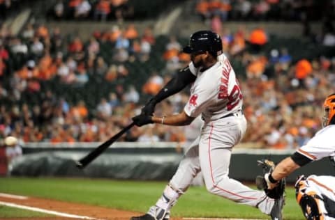 Sep 22, 2016; Baltimore, MD, USA; Boston Red Sox outfielder Jackie Bradley, Jr. (25) triples in the second inning against the Baltimore Orioles at Oriole Park at Camden Yards. Mandatory Credit: Evan Habeeb-USA TODAY Sports