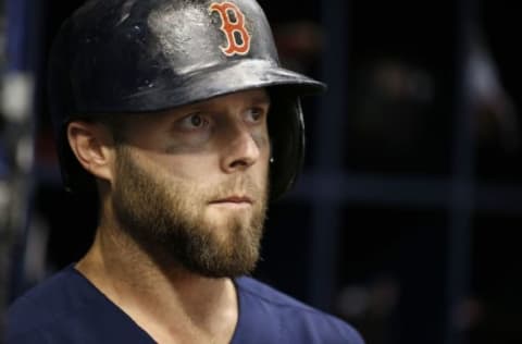 Sep 23, 2016; St. Petersburg, FL, USA; Boston Red Sox second baseman Dustin Pedroia (15) looks on before he bats against the Tampa Bay Rays at Tropicana Field. Mandatory Credit: Kim Klement-USA TODAY Sports