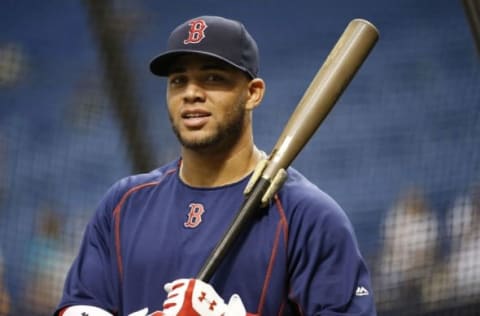 Sep 24, 2016; St. Petersburg, FL, USA; Boston Red Sox third baseman Yoan Moncada (65) works out prior the game against the Tampa Bay Rays at Tropicana Field. Mandatory Credit: Kim Klement-USA TODAY Sports