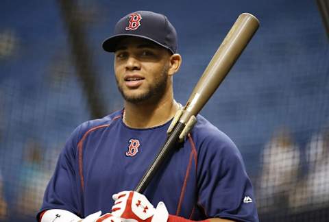 Sep 24, 2016; St. Petersburg, FL, USA; Boston Red Sox third baseman Yoan Moncada (65) works out prior the game against the Tampa Bay Rays at Tropicana Field. Mandatory Credit: Kim Klement-USA TODAY Sports