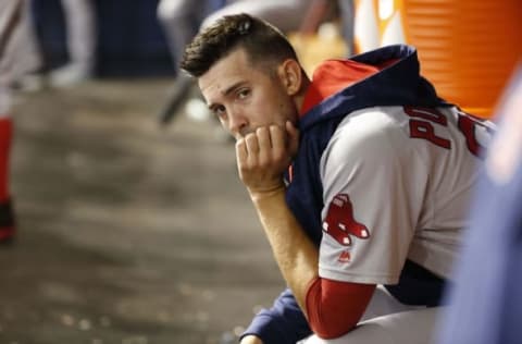 Sep 24, 2016; St. Petersburg, FL, USA; Boston Red Sox starting pitcher Rick Porcello (22) looks on from the dugout during the first inning against the Tampa Bay Rays at Tropicana Field. Mandatory Credit: Kim Klement-USA TODAY Sports