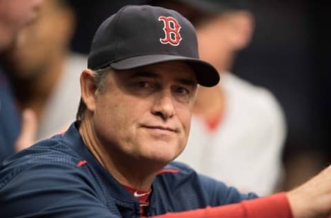 Sep 25, 2016; St. Petersburg, FL, USA; Boston Red Sox manager John Farrell in the dugout during a game against the Tampa Bay Rays at Tropicana Field. Mandatory Credit: Jeff Griffith-USA TODAY Sports