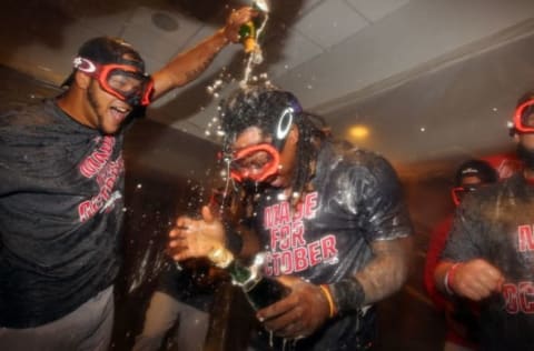 Sep 28, 2016; Bronx, NY, USA; Boston Red Sox first baseman Hanley Ramirez (13) is doused with champagne by a teammate after losing to the New York Yankees at Yankee Stadium but clinching their division with a Toronto Blue Jays loss. Mandatory Credit: Brad Penner-USA TODAY Sports