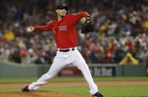 Sep 30, 2016; Boston, MA, USA; Boston Red Sox starting pitcher Rick Porcello (22) throws a pitch against the Toronto Blue Jays in the first inning at Fenway Park. Mandatory Credit: David Butler II-USA TODAY Sports