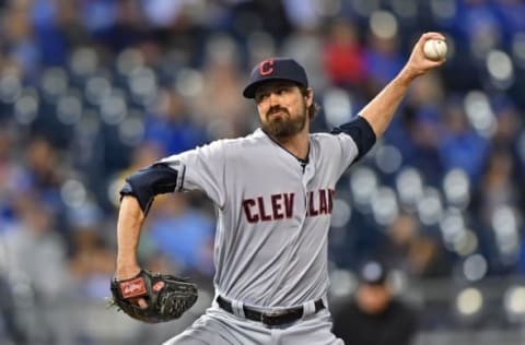 Sep 30, 2016; Kansas City, MO, USA; Cleveland Indians pitcher Andrew Miller (24) delivers a pitch against the Kansas City Royals during the eighth inning at Kauffman Stadium. Mandatory Credit: Peter G. Aiken-USA TODAY Sports