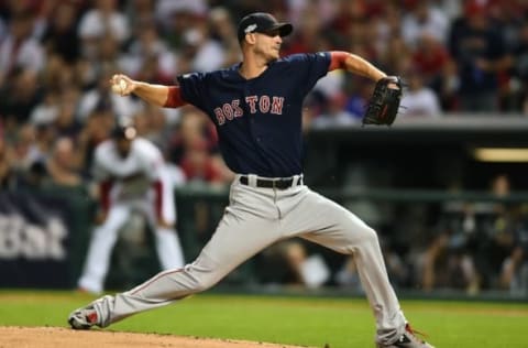 October 6, 2016; Cleveland, OH, USA; Boston Red Sox starting pitcher Rick Porcello (22) throws in the first inning against the Cleveland Indians during game one of the 2016 ALDS playoff baseball game at Progressive Field. Mandatory Credit: Ken Blaze-USA TODAY Sports