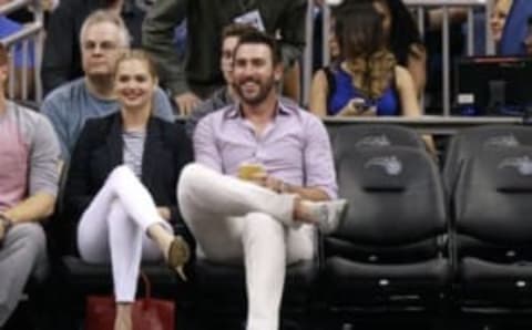 Mar 25, 2015; Orlando, FL, USA; American model Kate Upton and Detroit Tigers pitcher Justin Verlander watch the game during the second half between the Orlando Magic and Atlanta Hawks at Amway Center. Mandatory Credit: Kim Klement-USA TODAY Sports