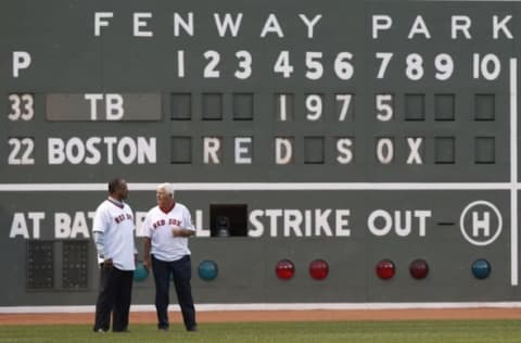 May 5, 2015; Boston, MA, USA; Boston Red Sox hall of famers Jim Rice and Carl Yastrzemski stand in left field as part of the pregame ceremony before the game between the Tampa Bay Rays and the Boston Red Sox at Fenway Park. Mandatory Credit: Greg M. Cooper-USA TODAY Sports