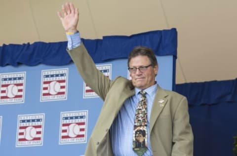 Jul 26, 2015; Cooperstown, NY, USA; Hall of Famer Carlton Fisk waves to the crowd after being introduced during the Hall of Fame Induction Ceremonies at Clark Sports Center. Mandatory Credit: Gregory J. Fisher-USA TODAY Sports