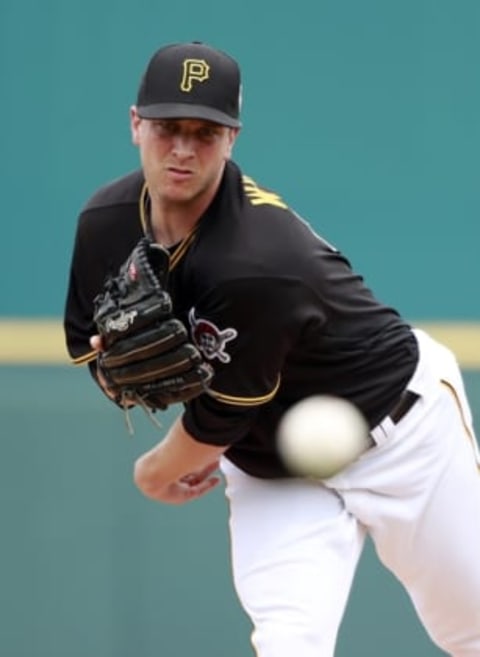 Mar 3, 2016; Bradenton, FL, USA; Pittsburgh Pirates relief pitcher Tony Watson (44) throws a warm up pitch during the fourth inning against the Toronto Blue Jays at McKechnie Field. Mandatory Credit: Kim Klement-USA TODAY Sports