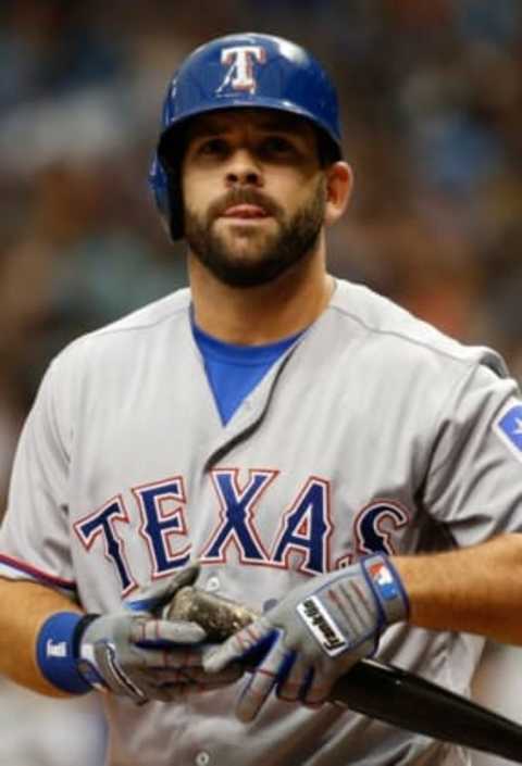 Aug 21, 2016; St. Petersburg, FL, USA; Texas Rangers first baseman Mitch Moreland (18) at bat against the Tampa Bay Rays at Tropicana Field. Tampa Bay Rays defeated the Texas Rangers 8-4. Mandatory Credit: Kim Klement-USA TODAY Sports