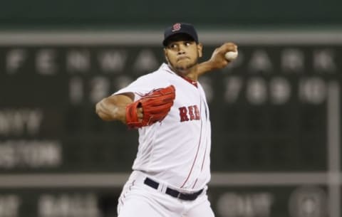 Sep 15, 2016; Boston, MA, USA; Boston Red Sox starting pitcher Eduardo Rodriguez (52) throws a pitch against the New York Yankees in the first inning at Fenway Park. Mandatory Credit: David Butler II-USA TODAY Sports