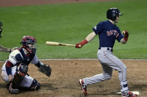 October 6, 2016; Cleveland, OH, USA; Boston Red Sox left fielder Andrew Benintendi (40) hits a single in the ninth inning against the Cleveland Indians during game one of the 2016 ALDS playoff baseball game at Progressive Field. Mandatory Credit: David Richard-USA TODAY Sports