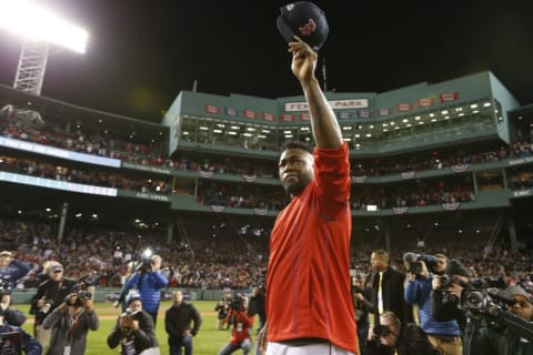 Oct 10, 2016; Boston, MA, USA; Boston Red Sox designated hitter David Ortiz (34) salutes the fans after loosing to the Cleveland Indians 3-4 in game three of the 2016 ALDS playoff baseball series at Fenway Park. Mandatory Credit: Greg M. Cooper-USA TODAY Sports