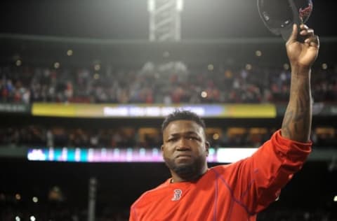 Oct 10, 2016; Boston, MA, USA; Boston Red Sox designated hitter David Ortiz (34) salutes the fans after the loss against the Cleveland Indians in game three of the 2016 ALDS playoff baseball series at Fenway Park. Mandatory Credit: Bob DeChiara-USA TODAY Sports