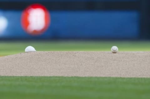 Aug 7, 2015; Detroit, MI, USA; Baseball on the pitchers mound before the game between the Detroit Tigers and the Boston Red Sox at Comerica Park. Mandatory Credit: Rick Osentoski-USA TODAY Sports