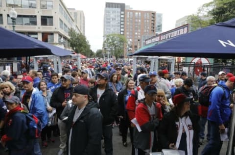 Sep 30, 2016; Boston, MA, USA; Baseball fans gather outside of Fenway Park before the start of the game between the Toronto Blue Jays and Boston Red Sox. Mandatory Credit: David Butler II-USA TODAY Sports