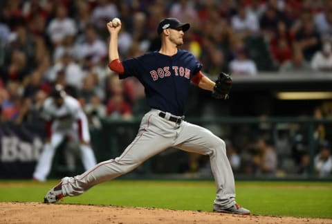 October 6, 2016; Cleveland, OH, USA; Boston Red Sox starting pitcher Rick Porcello (22) throws in the third inning against the Cleveland Indians during game one of the 2016 ALDS playoff baseball game at Progressive Field. Mandatory Credit: Ken Blaze-USA TODAY Sports