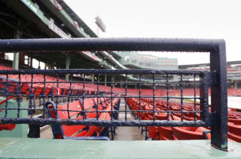 Oct 9, 2016; Boston, MA, USA; Rain falls at Fenway Park before game three of the 2016 ALDS baseball playoffs between the Cleveland Indians and the Boston Red Sox. The game was postponed due the forecast of continued rain. Mandatory Credit: Greg M. Cooper-USA TODAY Sports