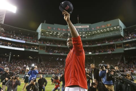 Oct 10, 2016; Boston, MA, USA; Boston Red Sox designated hitter David Ortiz (34) salutes the fans after loosing to the Cleveland Indians 3-4 in game three of the 2016 ALDS playoff baseball series at Fenway Park. Mandatory Credit: Greg M. Cooper-USA TODAY Sports