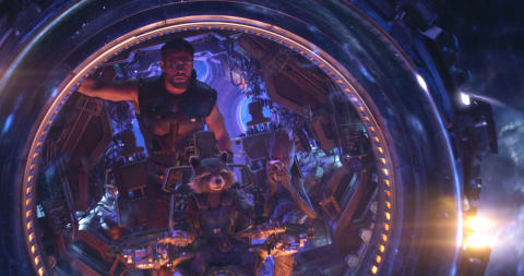 Marvel Studios’ AVENGERS: INFINITY WAR L to R: Thor (Chris Hemsworth), Rocket (voiced by Bradley Cooper) and Groot (voiced by Vin Diesel) Photo: Film Frame ©Marvel Studios 2018