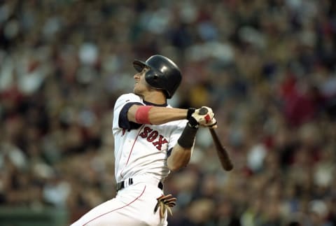 3 Oct 1998: Short stop Nomar Garciaparra #5 of the Boston Red Sox watches his hit during an American League Divisional Series game against the Cleveland Indians at Fenway Park in Boston, Massachusetts. The Indians defeated the Red Sox 2-1. Mandatory Credit: David Seelig /Allsport