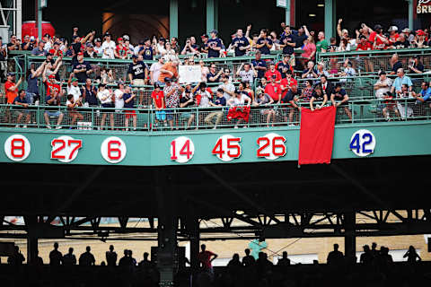 BOSTON, MA – JUNE 23: The number of former Boston Red Sox player David Ortiz #34 is retired during a ceremony before a game against the Los Angeles Angels of Anaheim at Fenway Park on June 23, 2017 in Boston, Massachusetts. (Photo by Adam Glanzman/Getty Images)