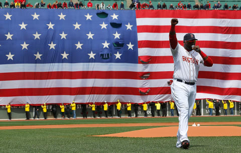 BOSTON, MA – APRIL 20: David Ortiz #34 of the Boston Red Sox speaks during a pre-game ceremony in honor of the bombings of Marathon Monday before a game at Fenway Park on April 20, 2013 in Boston, Massachusetts. (Photo by Jim Rogash/Getty Images)